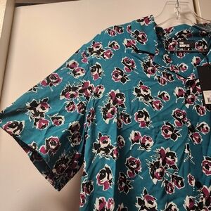 The Kooples Rockin Roses Floral Print Teal Short Sleeve Button Down Shirt Medium